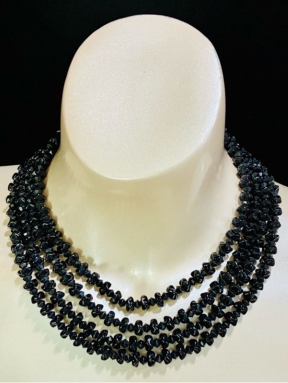 VTG West Germany 4 Layered Black Glass Chip Beaded Statement Necklace